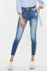 Kancan Women's High Waist Distressed Stretch Jeans with Raw Hem